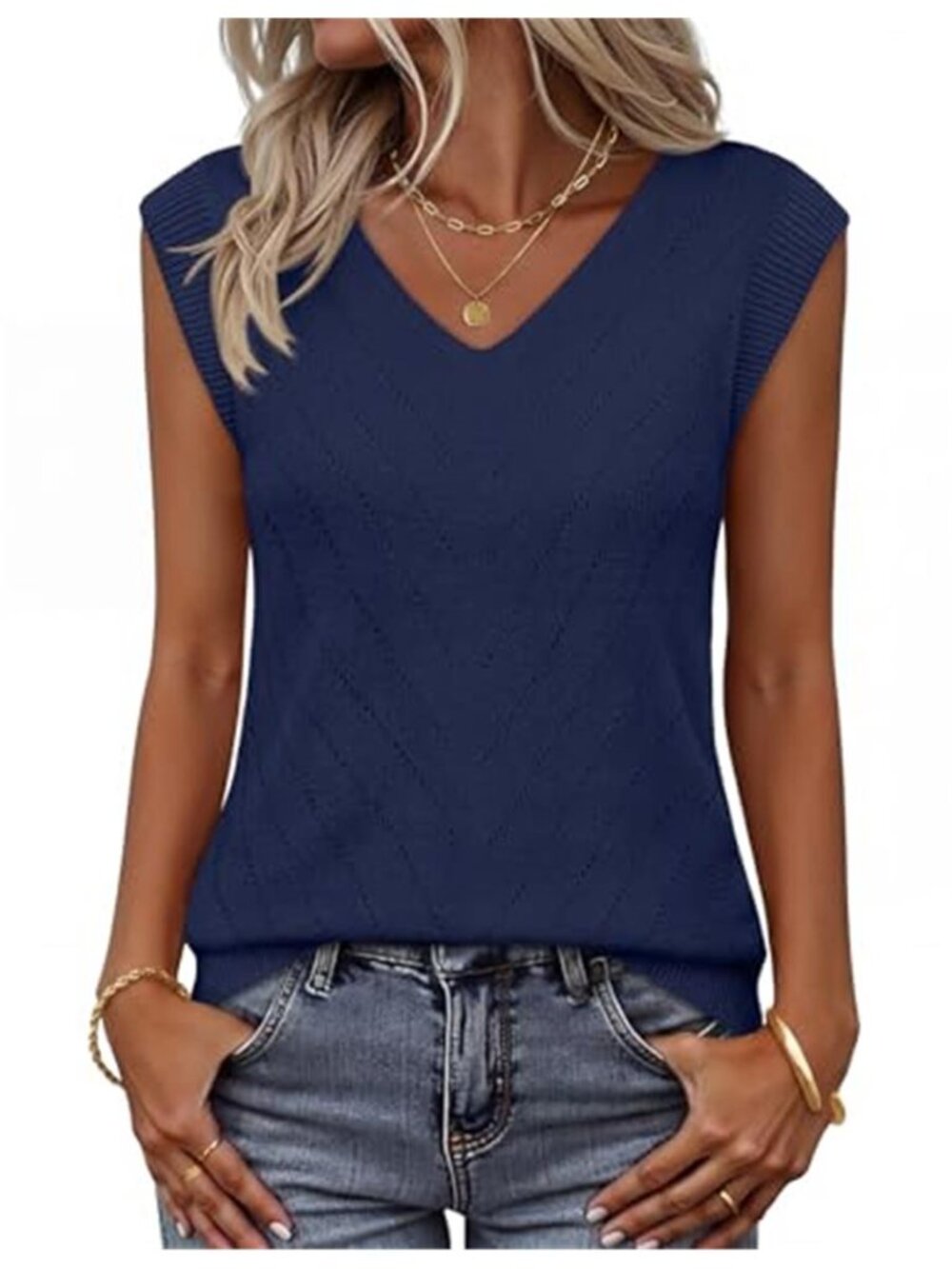 Knit Tank Top Women S Navy V Neck Eyelet Pointelle Sweater Vest Casual